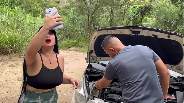 Curvy Colombian babe gets her car damaged and asks for help from a stranger who convinces her to fuck outdoors and swallow his cum! Antonella Jones